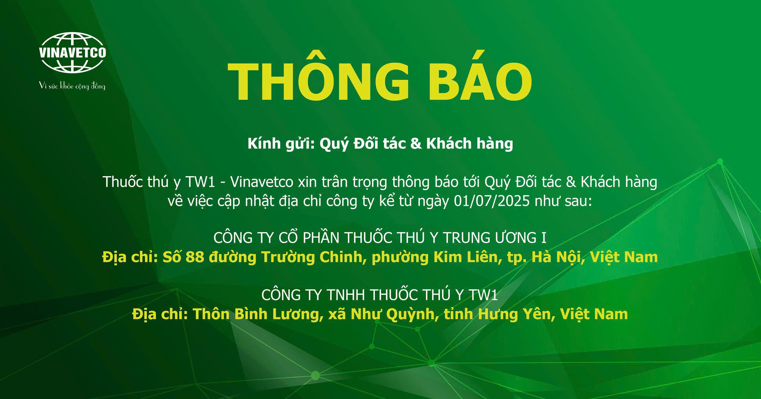 Cập nhật địa chỉ các công ty thuốc thú y TW 1 – Vinavetco từ 01/7/2025